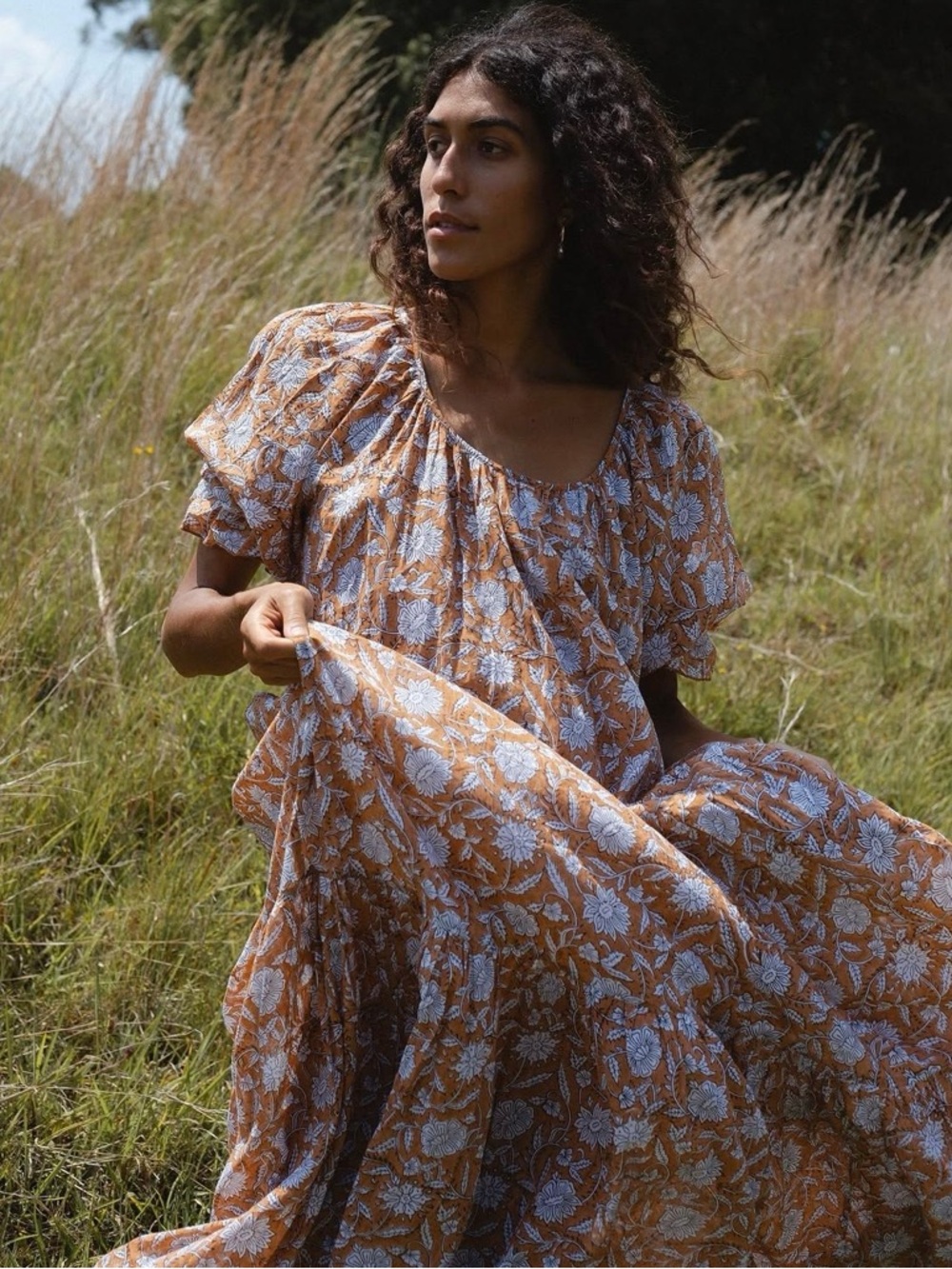 Daughters of India Brown & White Floral Maxi Dress